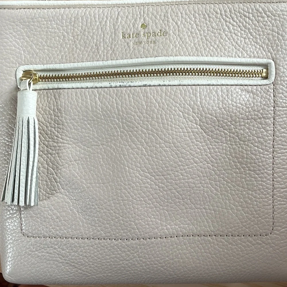 KATE SPADE Champagne Pebbled Leather Crossbody Bag with Gold Hardware White Trim